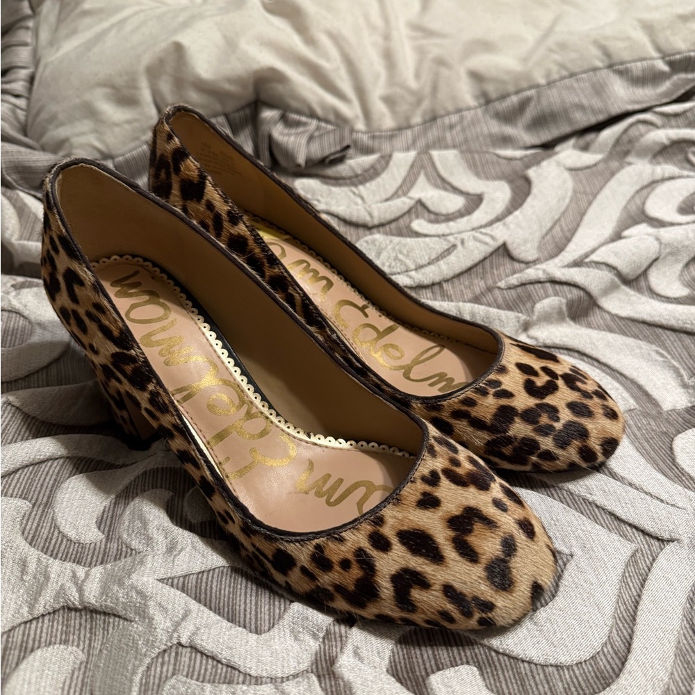 Sam Eledlman Leopard Animal Print Block Heel Pumps